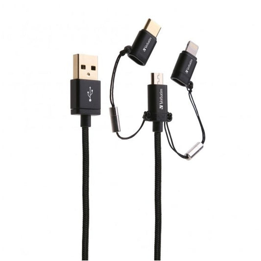 VERBATIM 120CM 3in1 METALLIC MICROUSB WITH LIGHTNING & TYPE-C CABLE BLK #65385