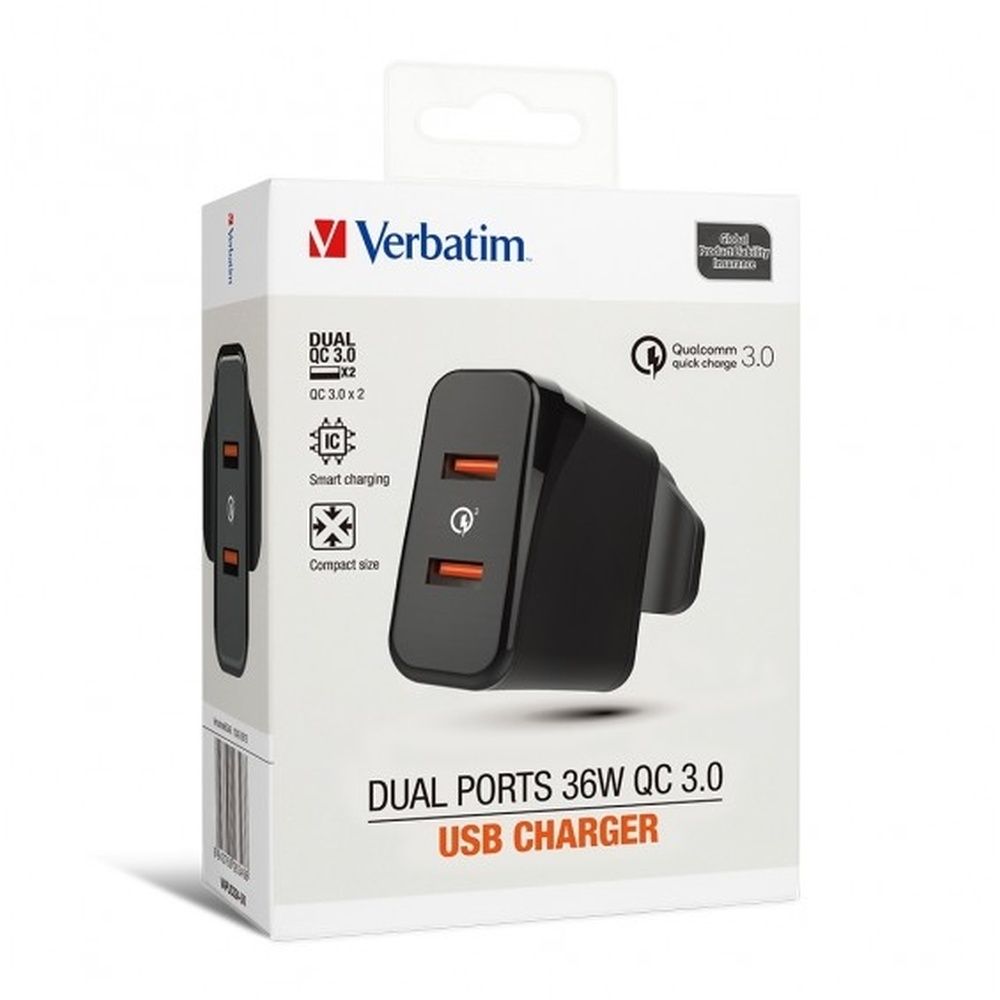 VERBATIM 36W DUAL PORT QC3.0 USB CHARGER - BLACK #66346