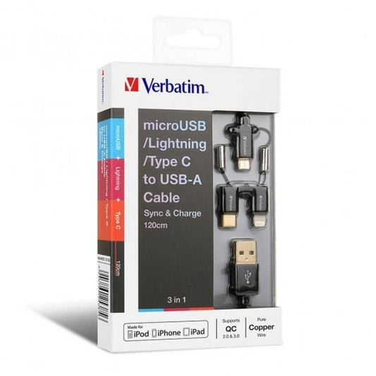 VERBATIM 120CM 3in1 METALLIC MICROUSB WITH LIGHTNING & TYPE-C CABLE BLK #65385