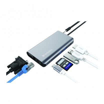 VERBATIM 8-IN-1 TYPE-C HUB WITH VGA,HDMI,R45,USB3.0,PD60W,SD & EARJACK #66148