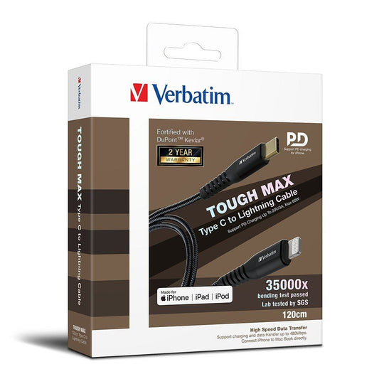 VERBATIM 120CM TYPE-C TO LIGHTNING CABLE WITH KEVLAR-BLACK #66048