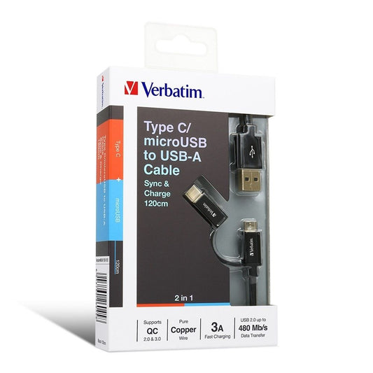 VERBATIM 120CM 2IN1 TYPE-C & MICROUSB TO USB CABLE -BLK #66045