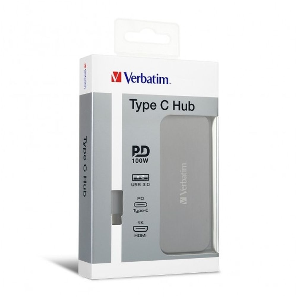 VERBATIM TYPE-C HUB W/ HDMI,PD 100W & 2xUSB3.0-GREY #66123