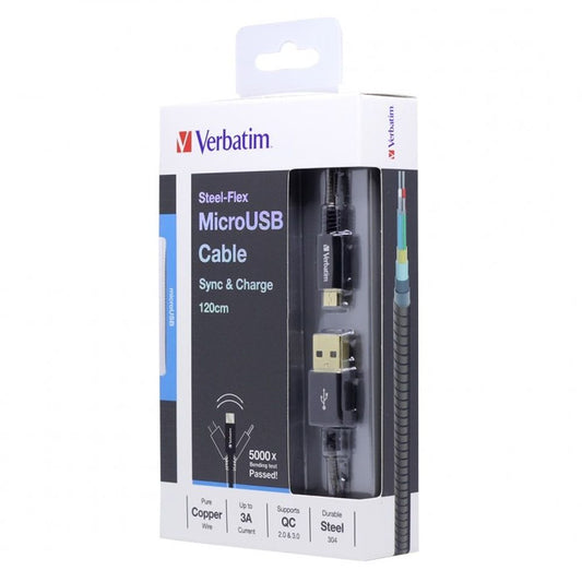 VERBATIM 120CM STEEL-FLEX MICROUSB TO USB CABLE BLACK #65533