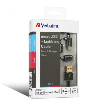 VERBATIM 30CM 2in1 METALLIC MICROUSB CABLE & LIGHTNING CONNECTOR - BLACK #65363