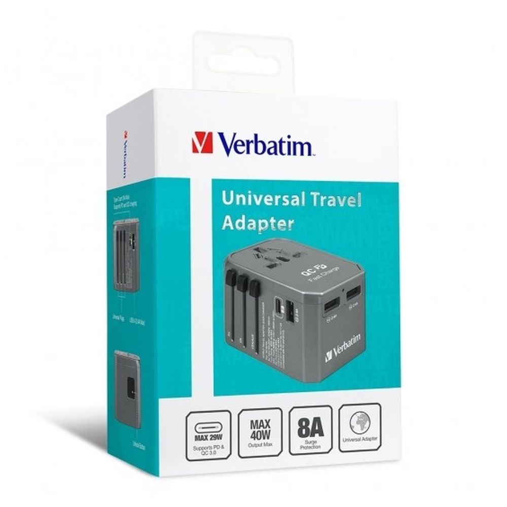 VERBATIM 4-PORT UNIVERSAL TRAVEL ADAPTOR 40W W/ PD 29W & 3xUSB - GREY #66198