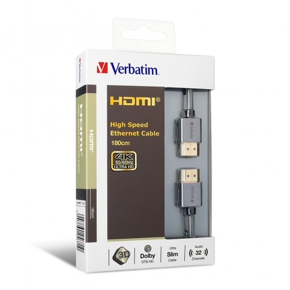 VERBATIM 180CM 4K HDMI 2.0 CABLE WITH ETHERNET - GREY #65671