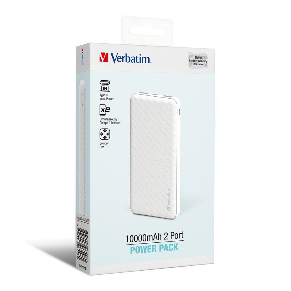 VERBATIM 10,000mAH LI-POLYMER GRID PATTERN POWER BANK (MAX 12W) - WHITE #66548