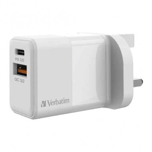 VERBATIM 2-PORTS 20W PD & QC3.0 CHARGER (WHITE) (UK 3-PIN) #66633